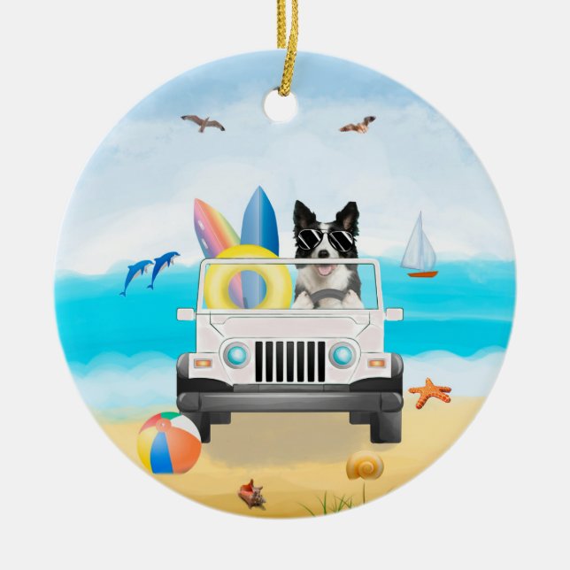 Border Collie Dog Driving on Beach  Ceramic Ornament (Front)
