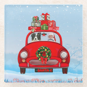 Border Collie Dog In Car With Santa Claus Glass Coaster