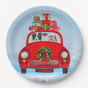 Border Collie Dog In Car With Santa Claus Paper Plate