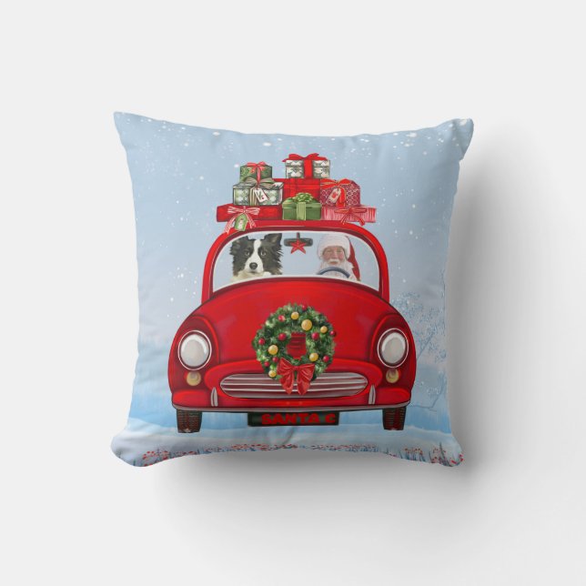 Border Collie Dog In Car With Santa Claus  Throw Pillow (Front)