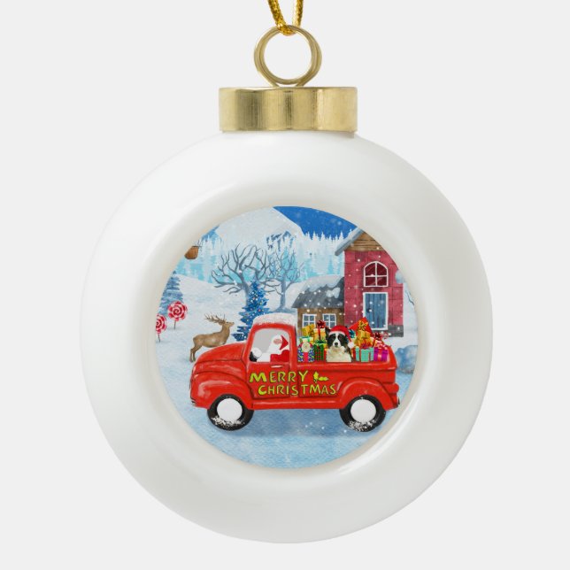 Border Collie Dog in Christmas Delivery Truck Snow Ceramic Ball Christmas Ornament (Front)