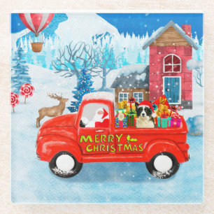 Border Collie Dog in Christmas Delivery Truck Snow Glass Coaster
