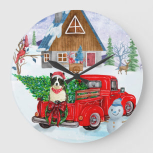 Border Collie dog In Christmas Delivery Truck Snow Large Clock