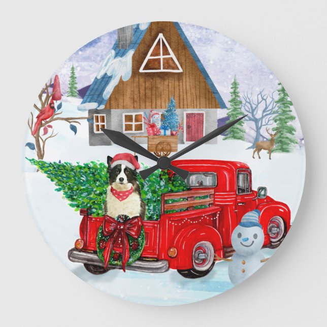 Border Collie dog In Christmas Delivery Truck Snow Large Clock (Front)