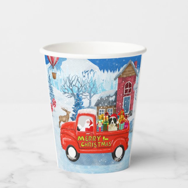 Border Collie Dog in Christmas Delivery Truck Snow Paper Cups (Front)