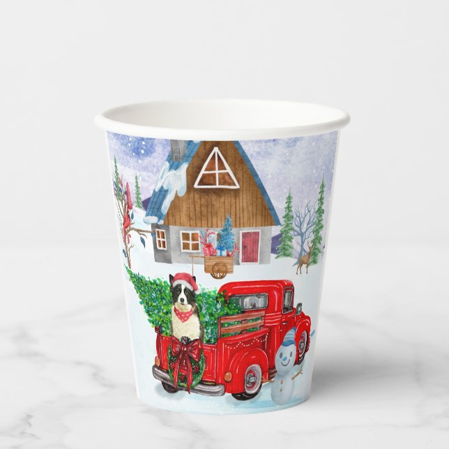 Border Collie dog In Christmas Delivery Truck Snow Paper Cups (Front)
