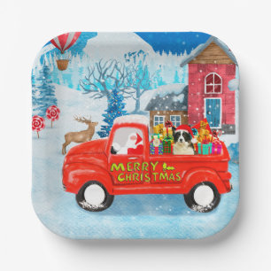 Border Collie Dog in Christmas Delivery Truck Snow Paper Plate