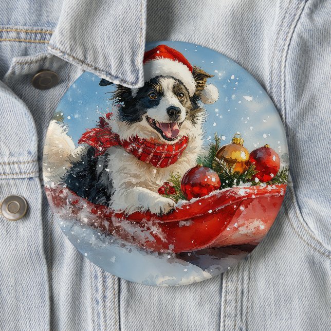 Border Collie Dog in Sledge Let it Snow Christmas  6 Inch Round Button (In Situ)