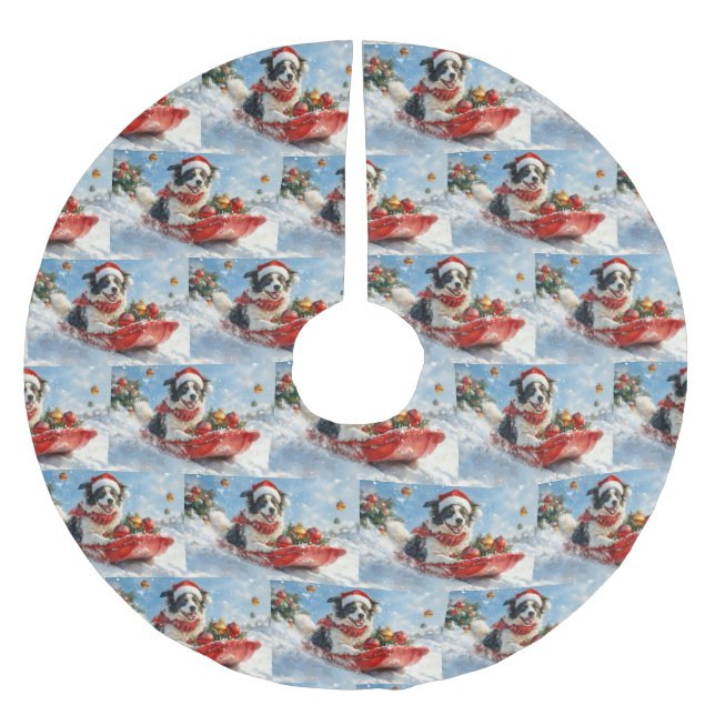 Border Collie Dog in Sledge Let it Snow Christmas  Brushed Polyester Tree Skirt (Front)