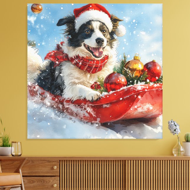 Border Collie Dog in Sledge Let it Snow Christmas  Canvas Print (Insitu(LivingRoom))