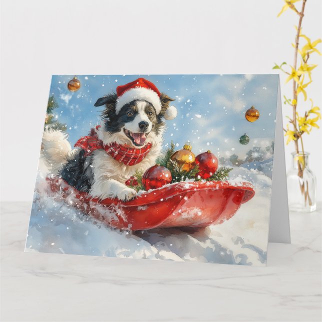 Border Collie Dog in Sledge Let it Snow Christmas  Card (Yellow Flower)