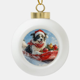 Border Collie Dog in Sledge Let it Snow Christmas  Ceramic Ball Christmas Ornament