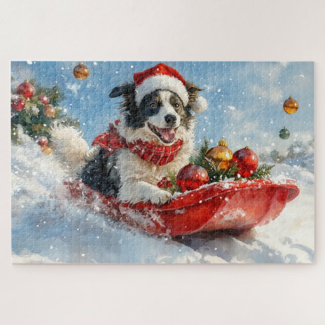 Border Collie Dog in Sledge Let it Snow Christmas  Jigsaw Puzzle (Horizontal)