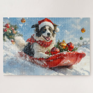 Border Collie Dog in Sledge Let it Snow Christmas  Jigsaw Puzzle