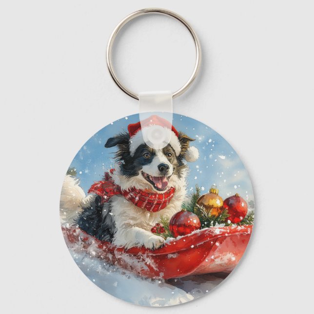 Border Collie Dog in Sledge Let it Snow Christmas  Keychain (Front)