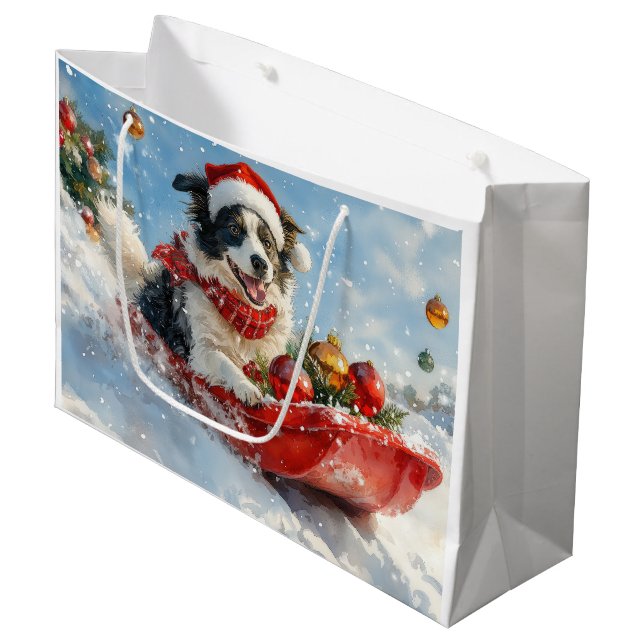 Border Collie Dog in Sledge Let it Snow Christmas  Large Gift Bag (Front Angled)