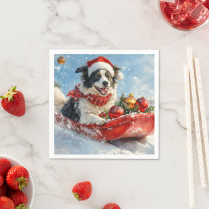 Border Collie Dog in Sledge Let it Snow Christmas Napkin