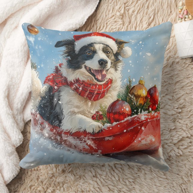 Border Collie Dog in Sledge Let it Snow Christmas  Throw Pillow (Blanket)