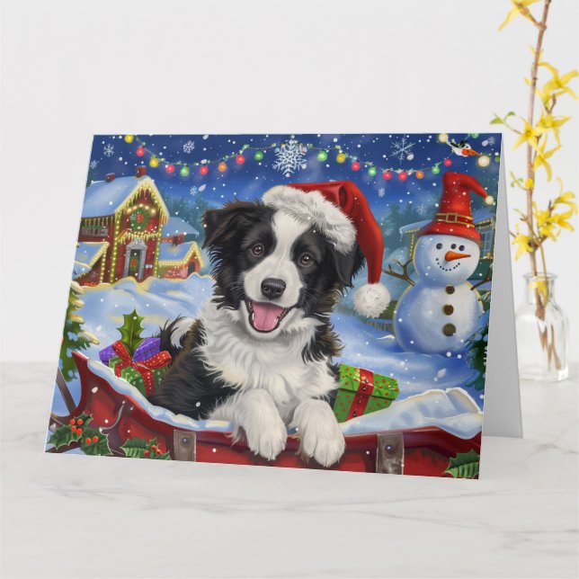 Border Collie Dog in Sleigh Snow Christmas Card (Yellow Flower)