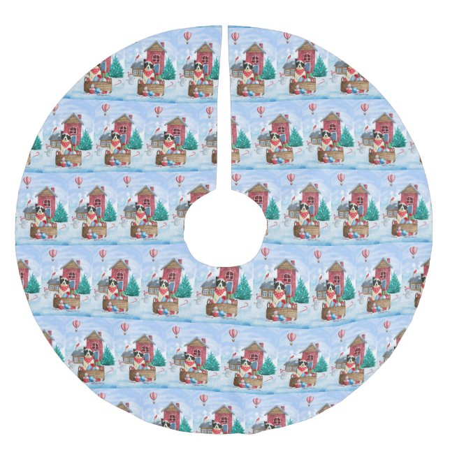 Border Collie Dog In snow Christmas Dog House  Brushed Polyester Tree Skirt (Front)