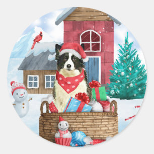 Border Collie Dog In snow Christmas Dog House Classic Round Sticker