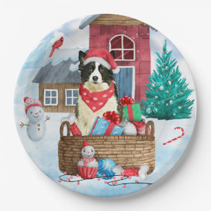 Border Collie Dog In snow Christmas Dog House Paper Plate