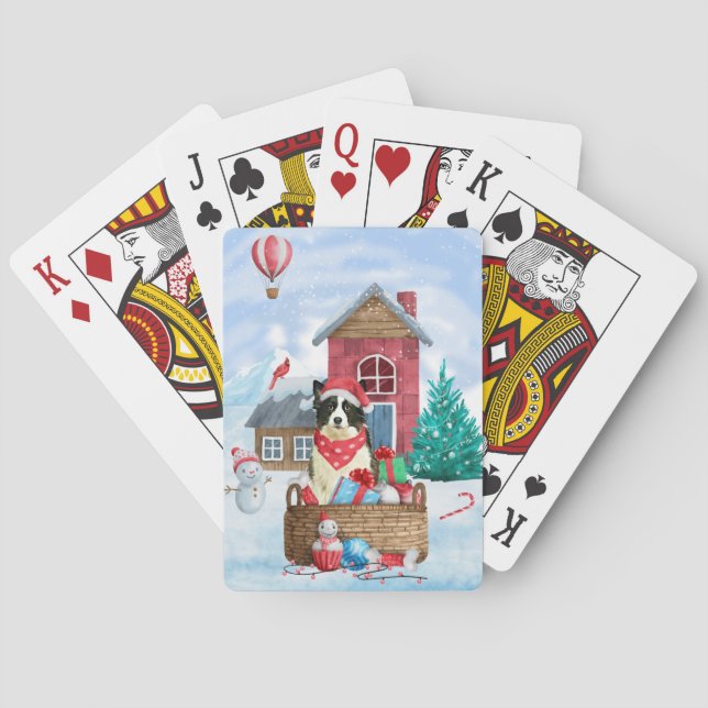 Border Collie Dog In snow Christmas Dog House Playing Cards (Back)