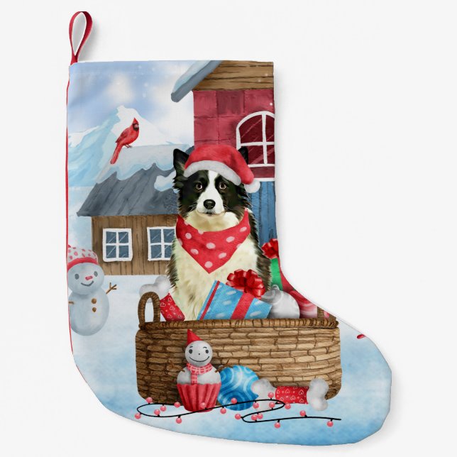 Border Collie Dog In snow Christmas Dog House  Small Christmas Stocking (Front)
