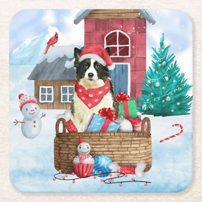 Border Collie Dog In snow Christmas Dog House Square Paper Coaster (Front)