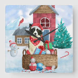 Border Collie Dog In snow Christmas Dog House Square Wall Clock