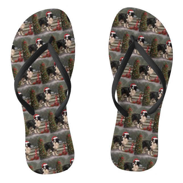 Border Collie Dog in Snow Christmas Flip Flops (Footbed)