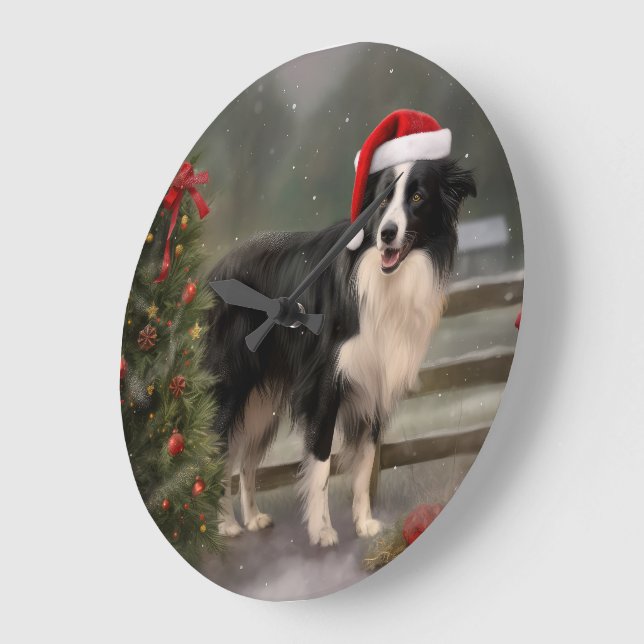 Border Collie Dog in Snow Christmas Large Clock (Angle)