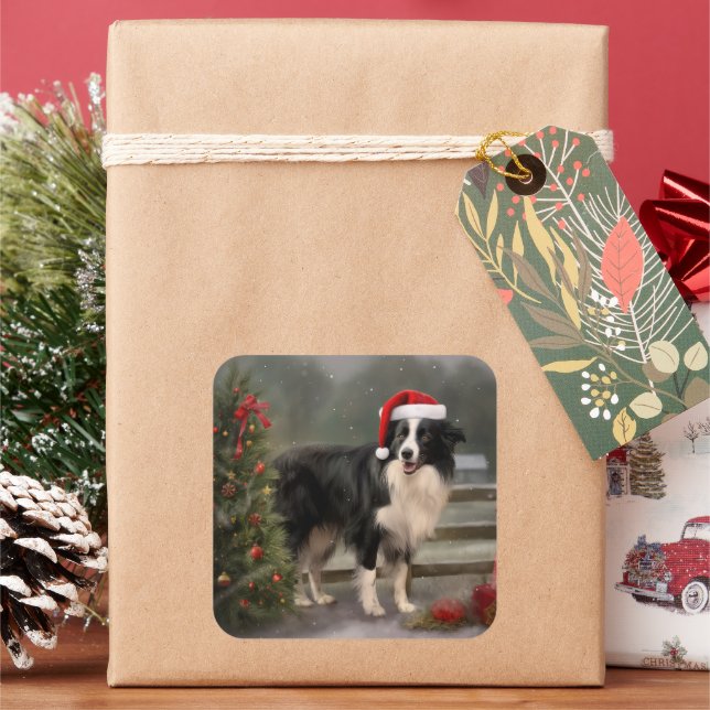 Border Collie Dog in Snow Christmas Square Sticker (Holiday)