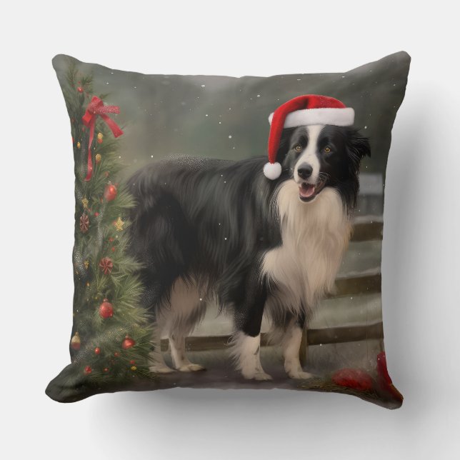 Border Collie Dog in Snow Christmas Throw Pillow (Front)