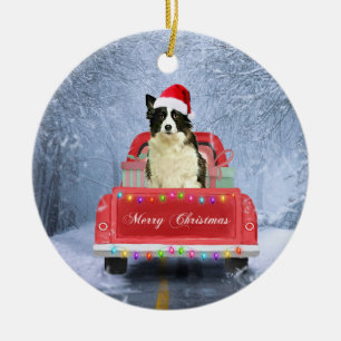 Border Collie Dog in Snow sitting in Christmas  Ceramic Ornament