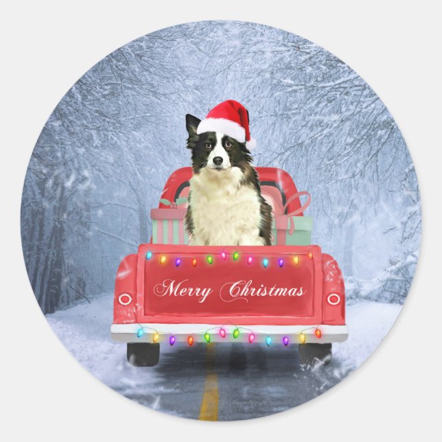 Border Collie Dog in Snow sitting in Christmas Classic Round Sticker (Front)