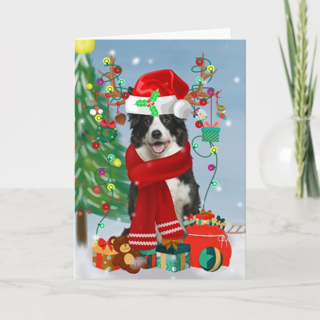 Border Collie dog  in Snow with Christmas gifts  Card (Front)