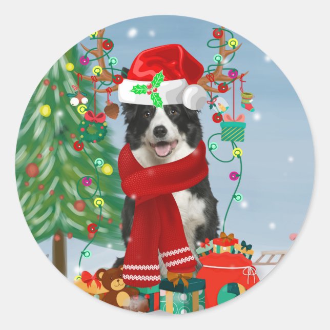 Border Collie dog  in Snow with Christmas gifts  Classic Round Sticker (Front)