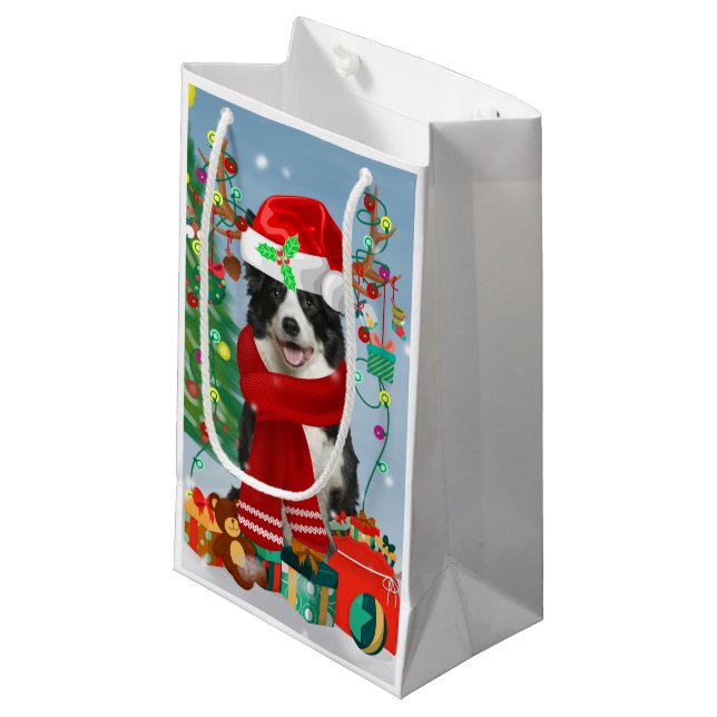 Border Collie dog  in Snow with Christmas gifts   Small Gift Bag (Front Angled)