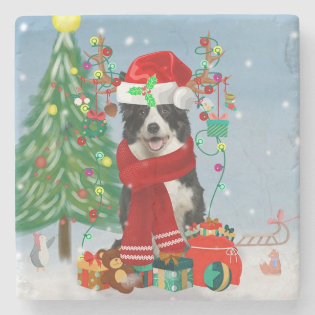 Border Collie dog  in Snow with Christmas gifts  Stone Coaster (Front)