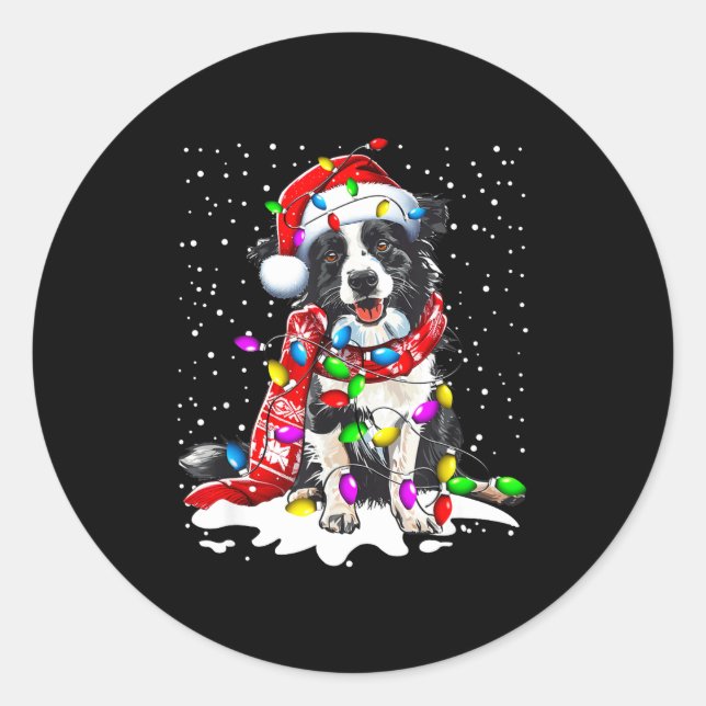 Border Collie Dog Lighting Xmas Santa Hat Christma Classic Round Sticker (Front)