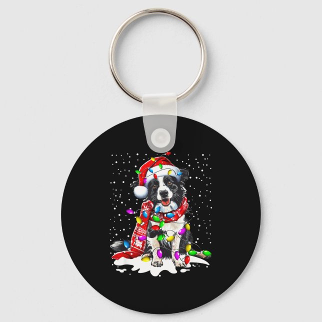 Border Collie Dog Lighting Xmas Santa Hat Christma Keychain (Front)