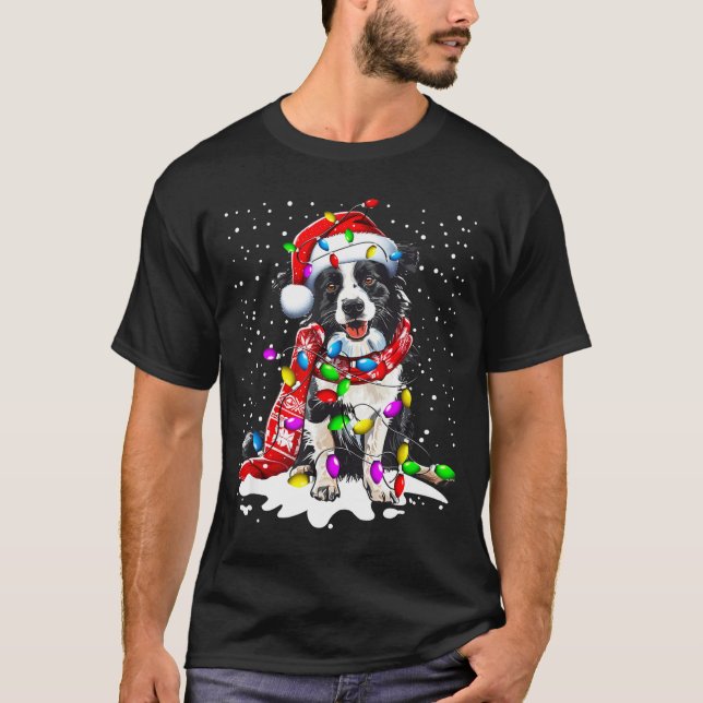 Border Collie Dog Lighting Xmas Santa Hat Christma T-Shirt (Front)