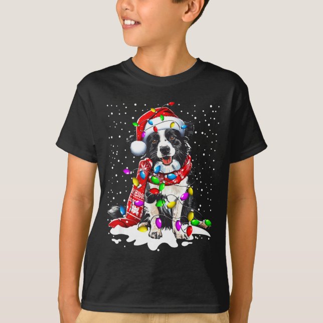 Border Collie Dog Lighting Xmas Santa Hat Christma T-Shirt (Front)
