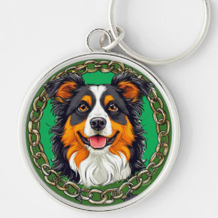 Border collie dog on a green background with chain keychain