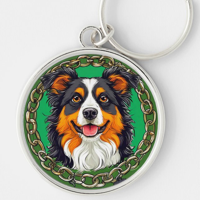 Border collie dog on a green background with chain keychain (Front)