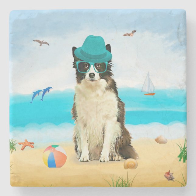 Border Collie Dog on Beach Stone Coaster (Front)