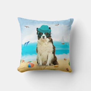 Border Collie Dog on Beach Throw Pillow