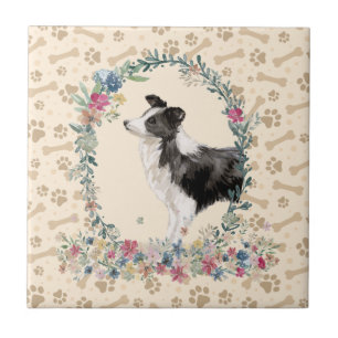 Border Collie Dog Paw Print Floral Cute Beige Tile