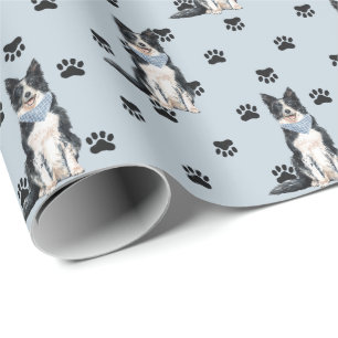Border Collie Dog Paw Print Pattern on Silver Wrapping Paper